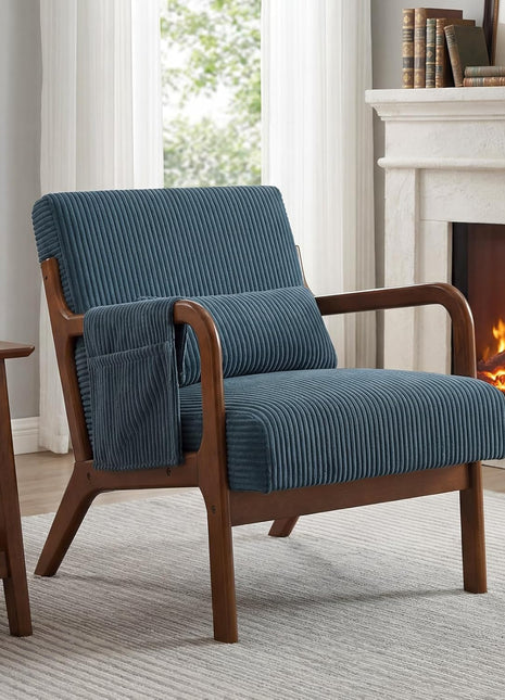 Mid-Century Modern Upholstered Accent Chair with Lumbar Support and Solid Wood Frame, Ideal for Compact Living Spaces, Navy Blue