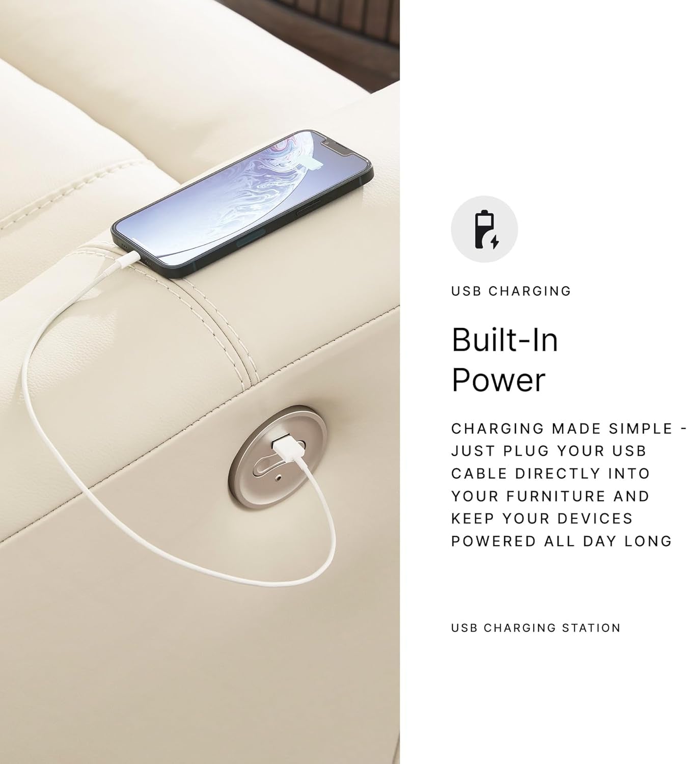 Dahlmoore Modern Leather Match Power Reclining Sofa with USB Ports, Beige