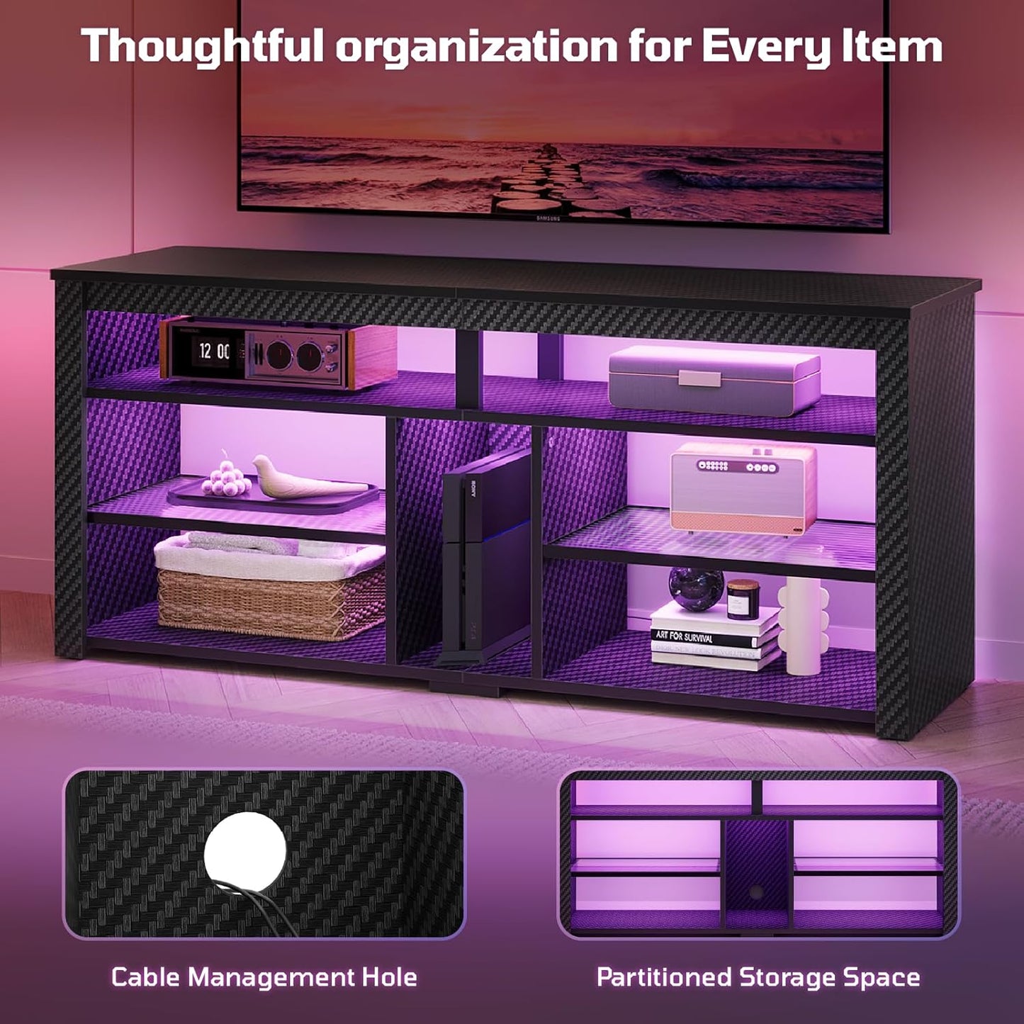 LED Tall TV Stand, Entertainment Center for 55/60/65 Inch TV, Gaming TV Console with Storage for PS4, Adjustable Shelf TV Cabinet for Living Room Bedroom, Carbon Fiber Black