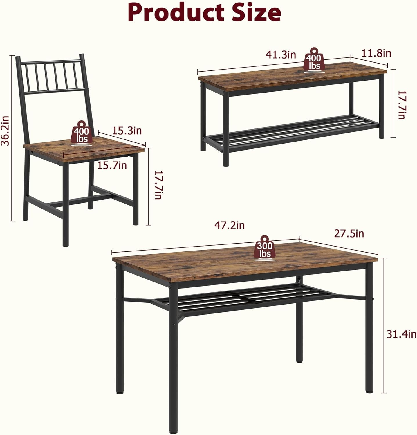 Dining Table Set for 4 with Bench and Chairs, 4-Piece Kitchen Table Set with Storage – Space-Saving Dining Table for Apartments and Dining Rooms, Brown