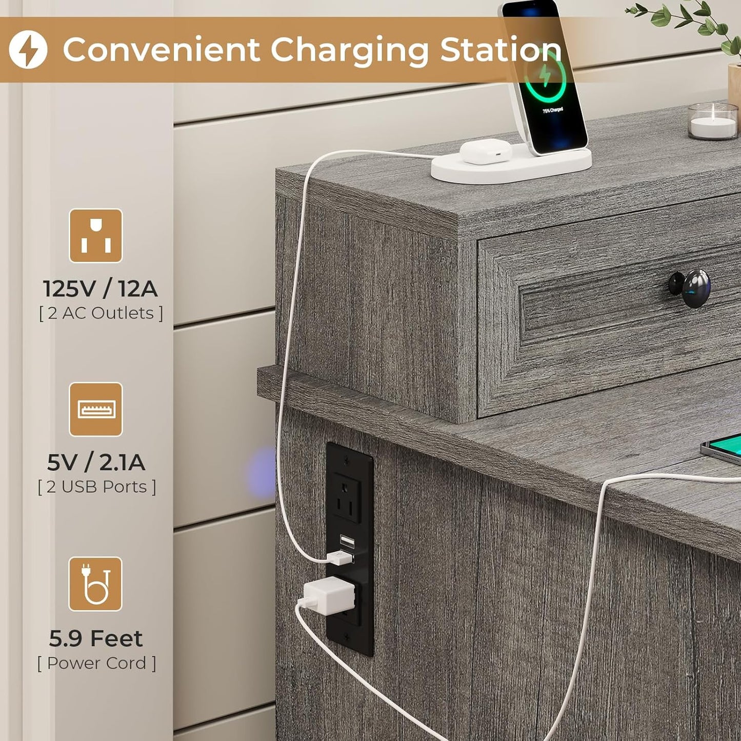 Farmhouse Executive Desk with File Drawer, Computer Desk with Charging Station & LED Lights, Home Office Desk with Drawers & Storage Cabinet, Executive Office Desk with Monitor Stand, Grey