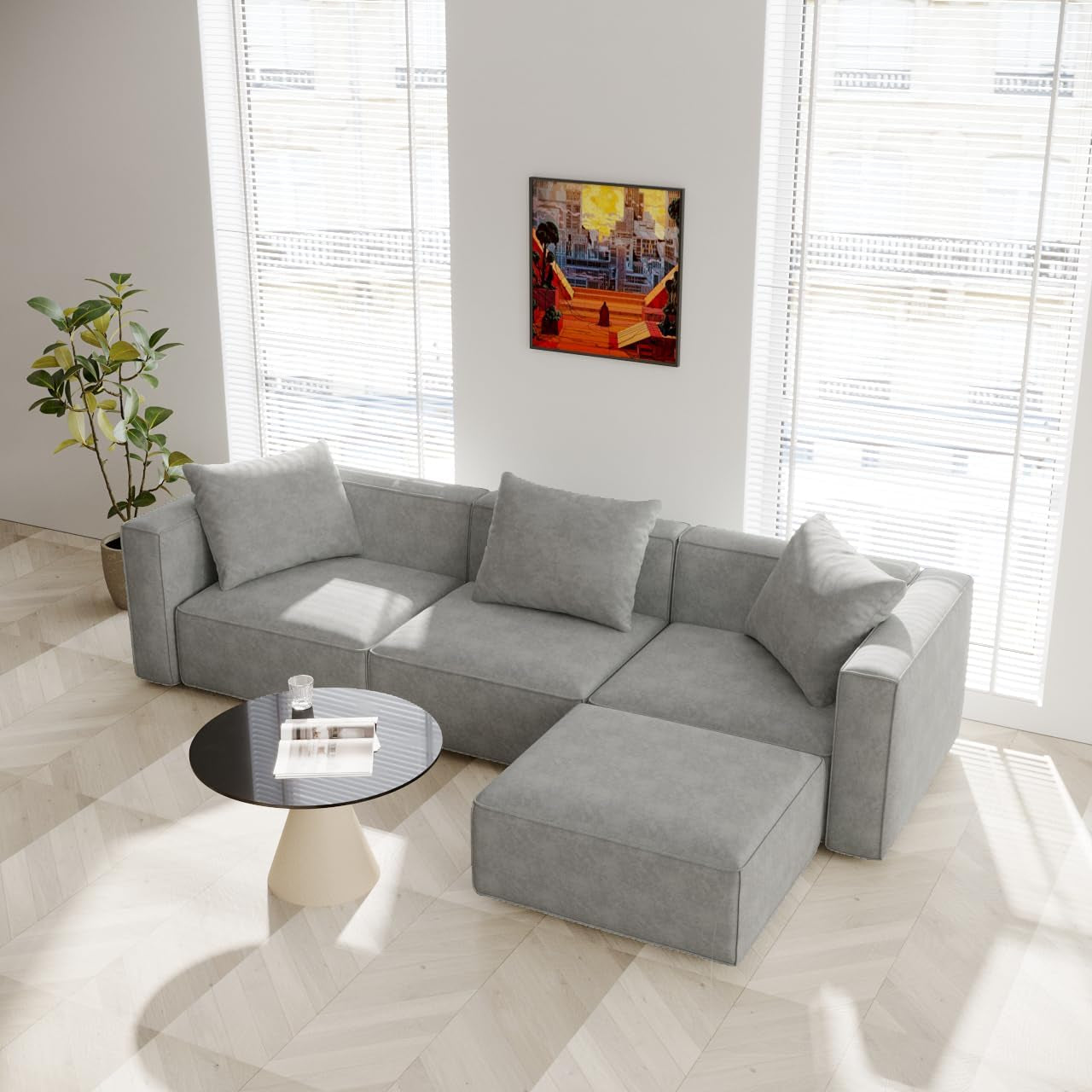 Luxury Modular Sectional Living Room Sofa Set, Modern Minimalist Style Couch with Ottoman and Chaise, L-Shape, Grey