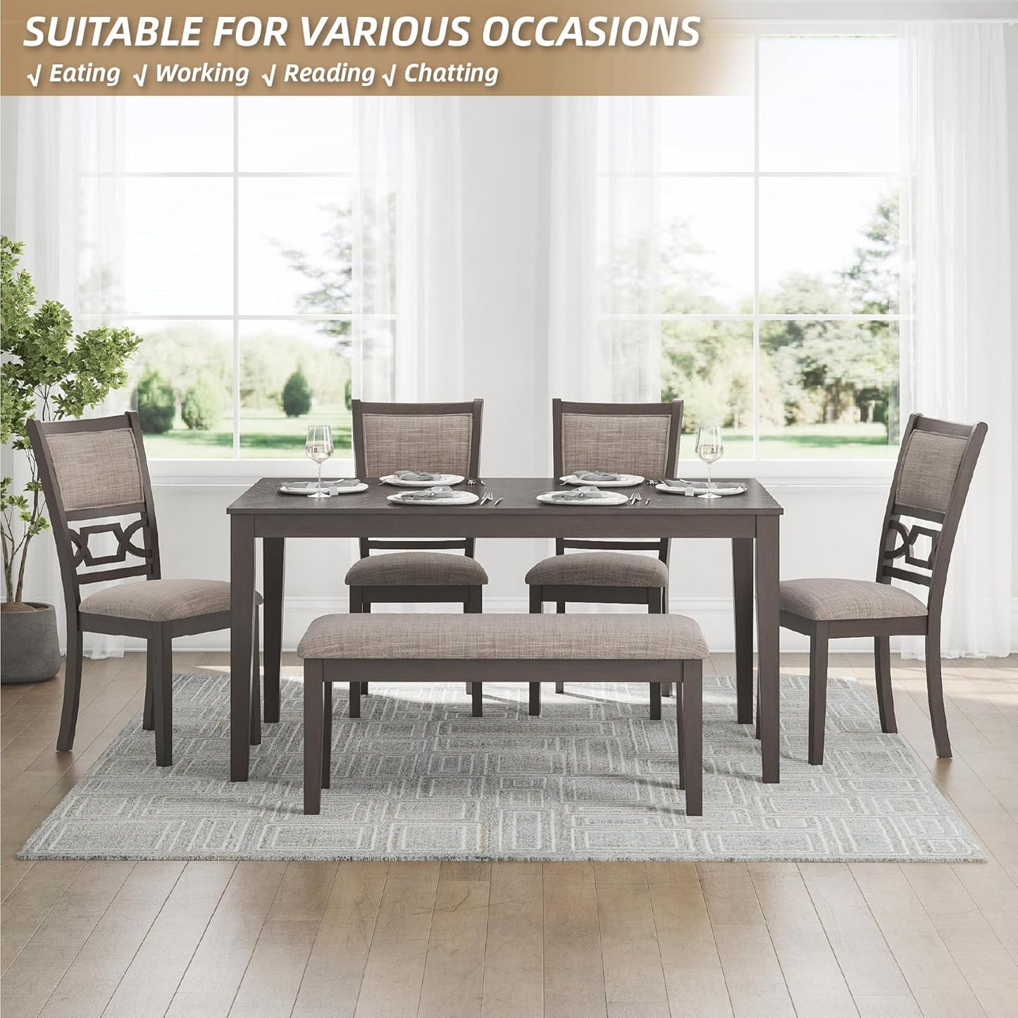 Wrenning Diamond Patterned Dining Table Set, 4 Upholstered Chairs and Bench, Seats 6, Wood, Gray