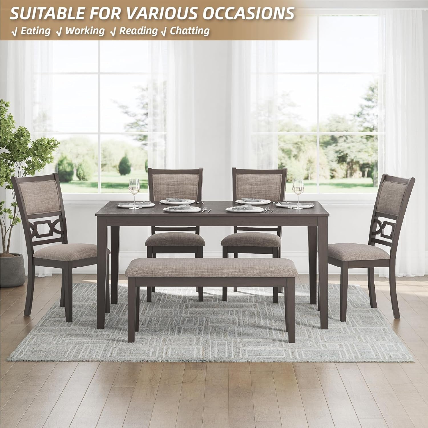 Wrenning Diamond Patterned Dining Table Set, 4 Upholstered Chairs and Bench, Seats 6, Wood, Gray