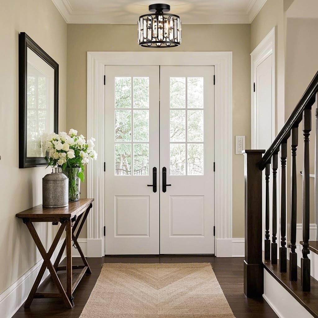 Crystal Ceiling Light, Semi Flush Mount Modern Black Ceiling Light Fixture, Crystal Chandelier, for Bathroom Hallway, Kitchen, Entryway, Bedroom, Laundry Room, Porch 1 Light E26