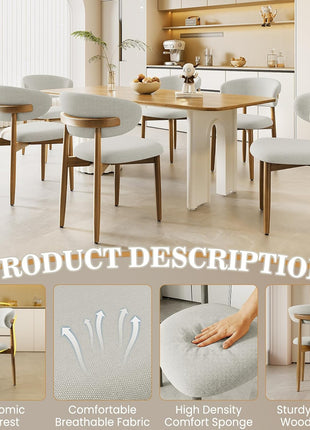 Set of 4 Farmhouse-Style Wooden Dining Chairs with Curved Backs and Modern Grey Fabric Upholstery for Dining Room