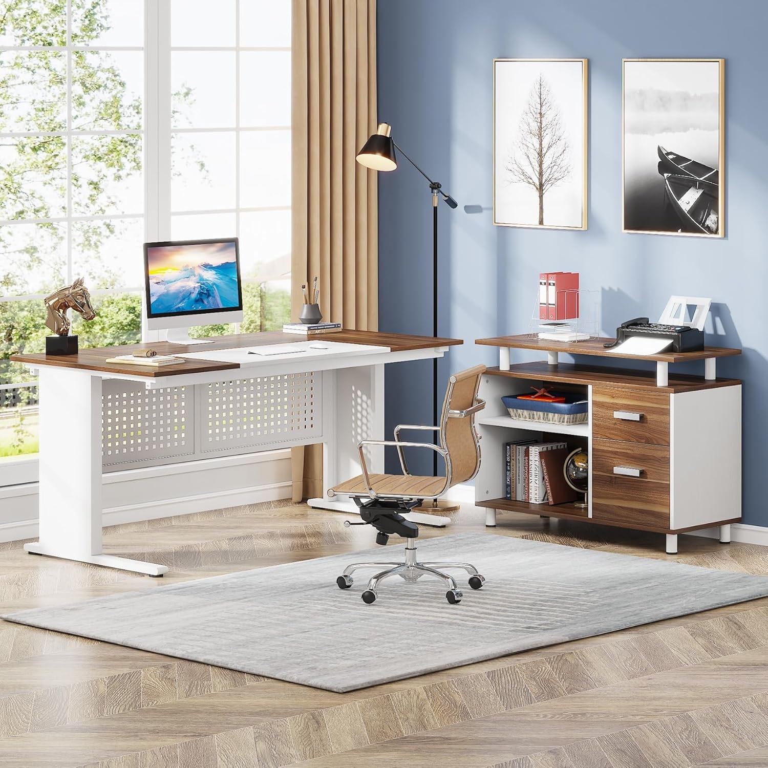 63 Inch Executive Desk with File Cabinet, L Shaped Office Desk with Drawers and Storage Shelves, Business Furniture Set Workstation for Home Office, White and Walnut