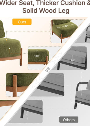 Mid-Century Modern Upholstered Armless Lounge Chair with Wooden Frame and Plush Moss Green Seat for Living Room and Bedroom