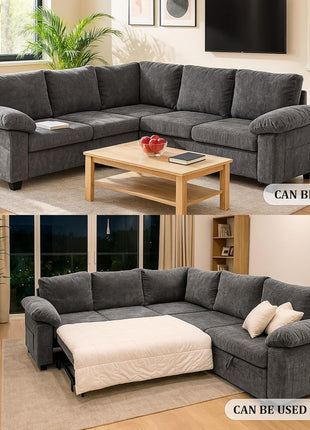86 Inch Sectional Sleeper L Shaped Sofa with Pull Out Bed, 5 Seater Modular Sectional Sofa with Storage, Modern Chenille Cloud Couch, Sectional Couches for Living Room, Gray