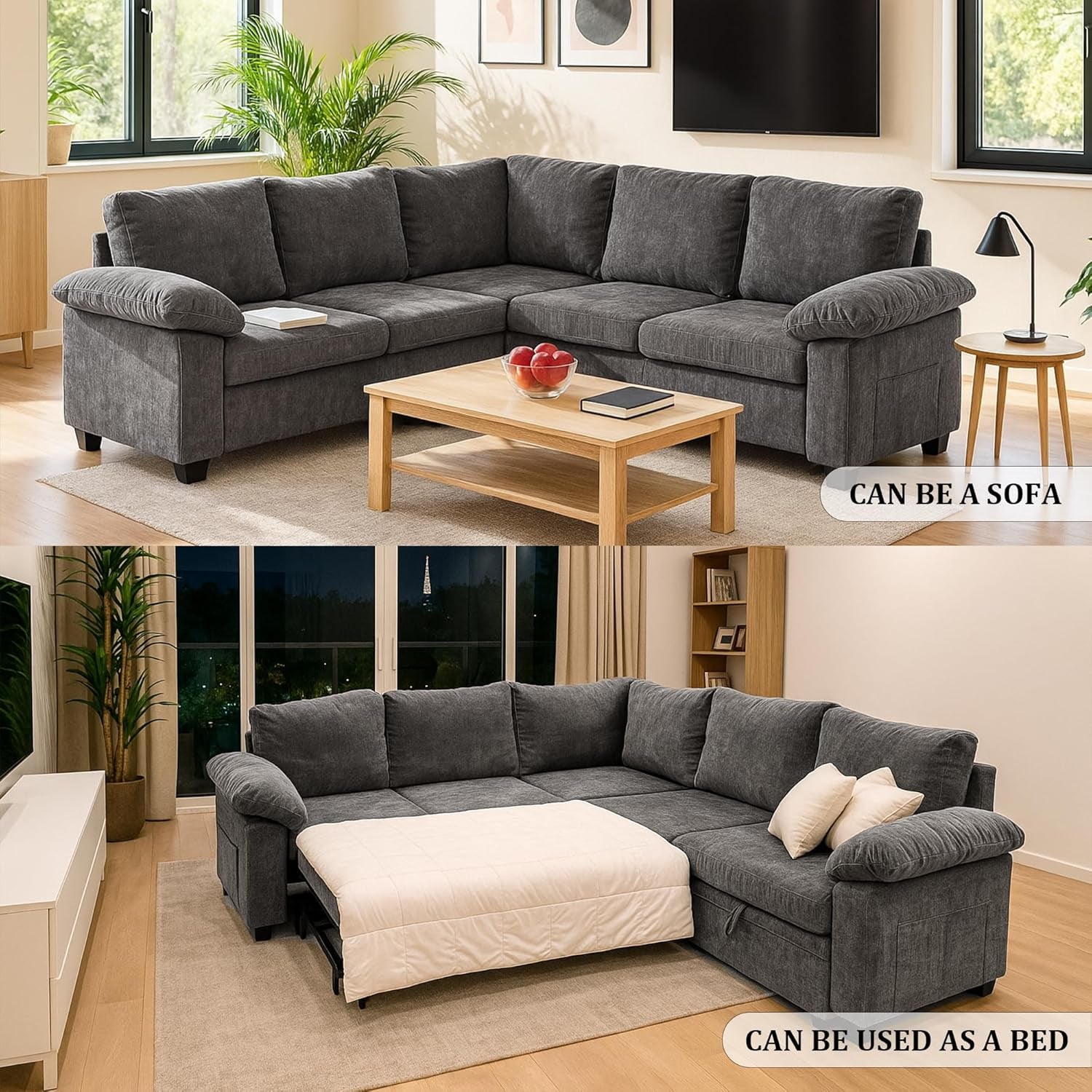 108 Inch Sectional Sleeper L Shaped Sofa with Pull Out Bed, 5 Seat Modular Sectional Sofa with Storage, Modern Chenille Cloud Couch, Sectional Couches for Living Room, Gray