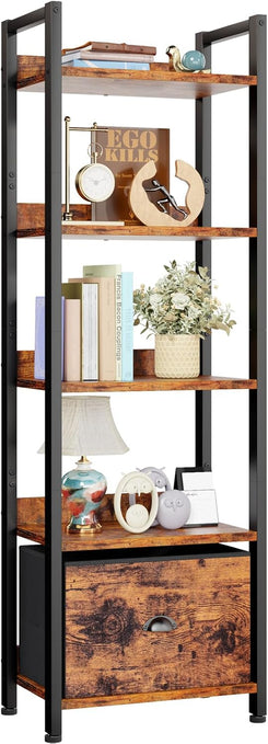 5 Tier Bookshelf with Drawer, Tall Narrow Bookcase with Shelves, Wood and Metal Bookshelves Storage Organizer, Industrial Display Standing Shelf Unit for Bedroom, Living Room, Rustic Brown