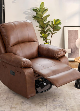 360° Swivel Rocking Leather Recliner Chair for Adults - Overstuffed Manual Recliner with Spring Cushion, Nursery Glider Sofa with Side Pockets in Camel