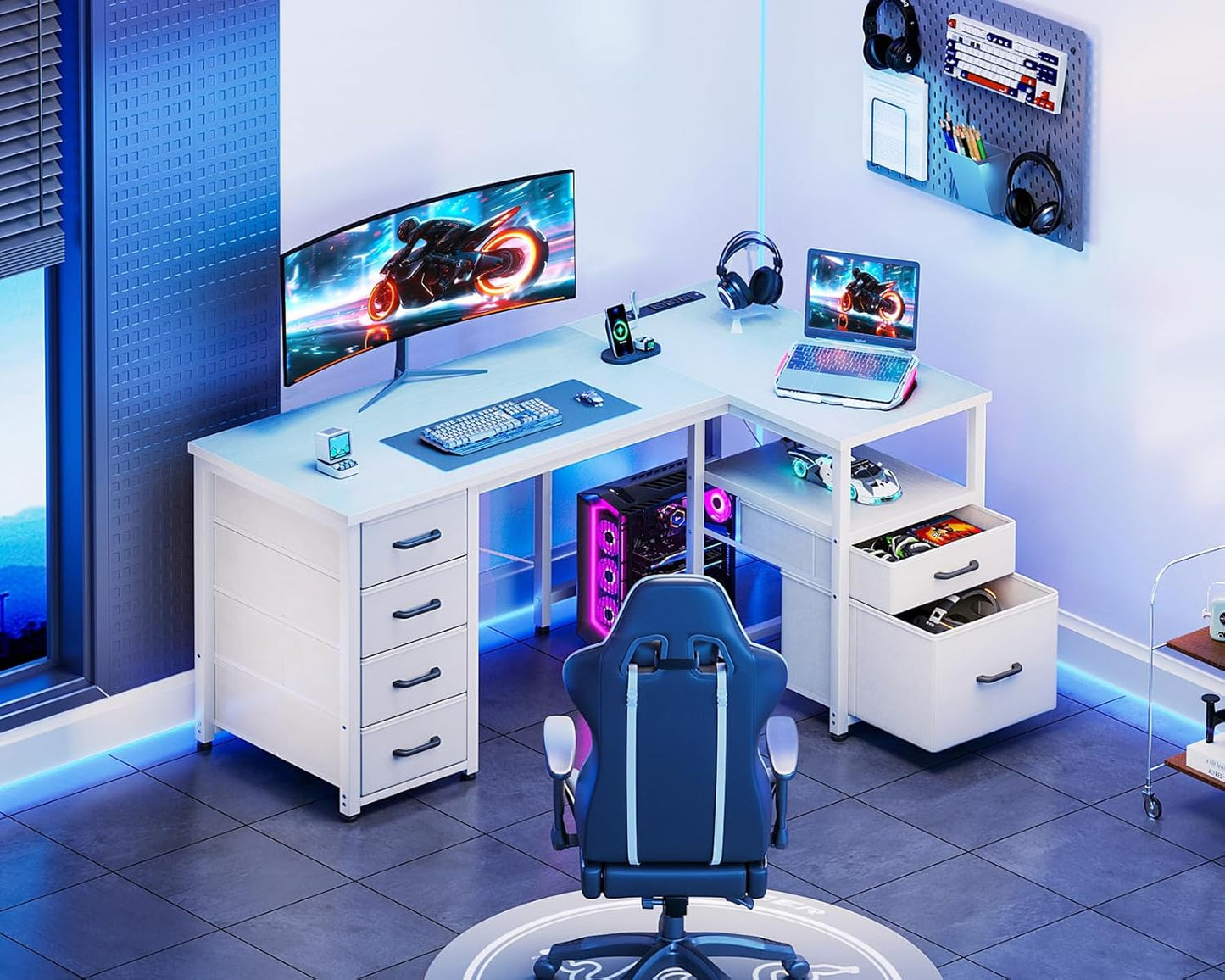 L Shaped Computer Desk with 6 Drawers & Power Outlet, 55 Inch Corner Desk with Reversible Storage Shelf & File Drawer, Home Office Desk, White