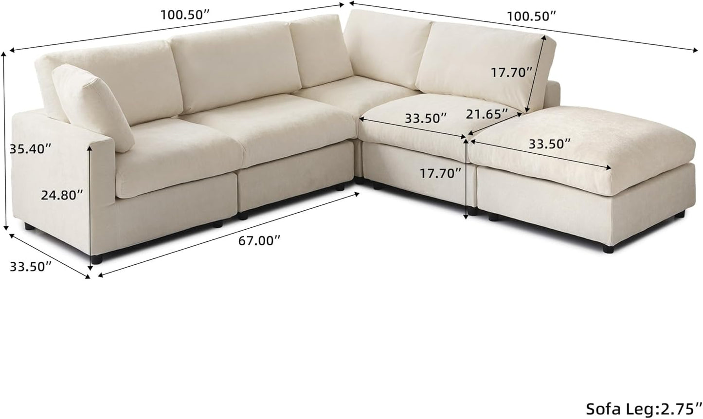 Cloud Couch Modular Sectional Sofa,100.5" V Shaped Couch, Convertible Wide Seater, 5 Seater for Living Room Set,Covers Washable&Replaceable,Beige