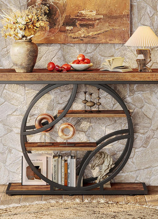 41.3-Inch Industrial Entryway Console Table with Storage Shelves in Rustic Brown Finish and O-Shaped Metal Frame