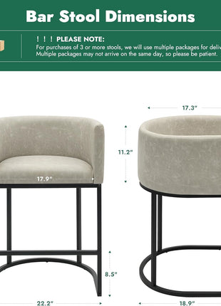 Set of 4 Contemporary 24-Inch Faux Leather Counter Height Bar Stools with Metal Legs and Back Footrest in Greige (White)