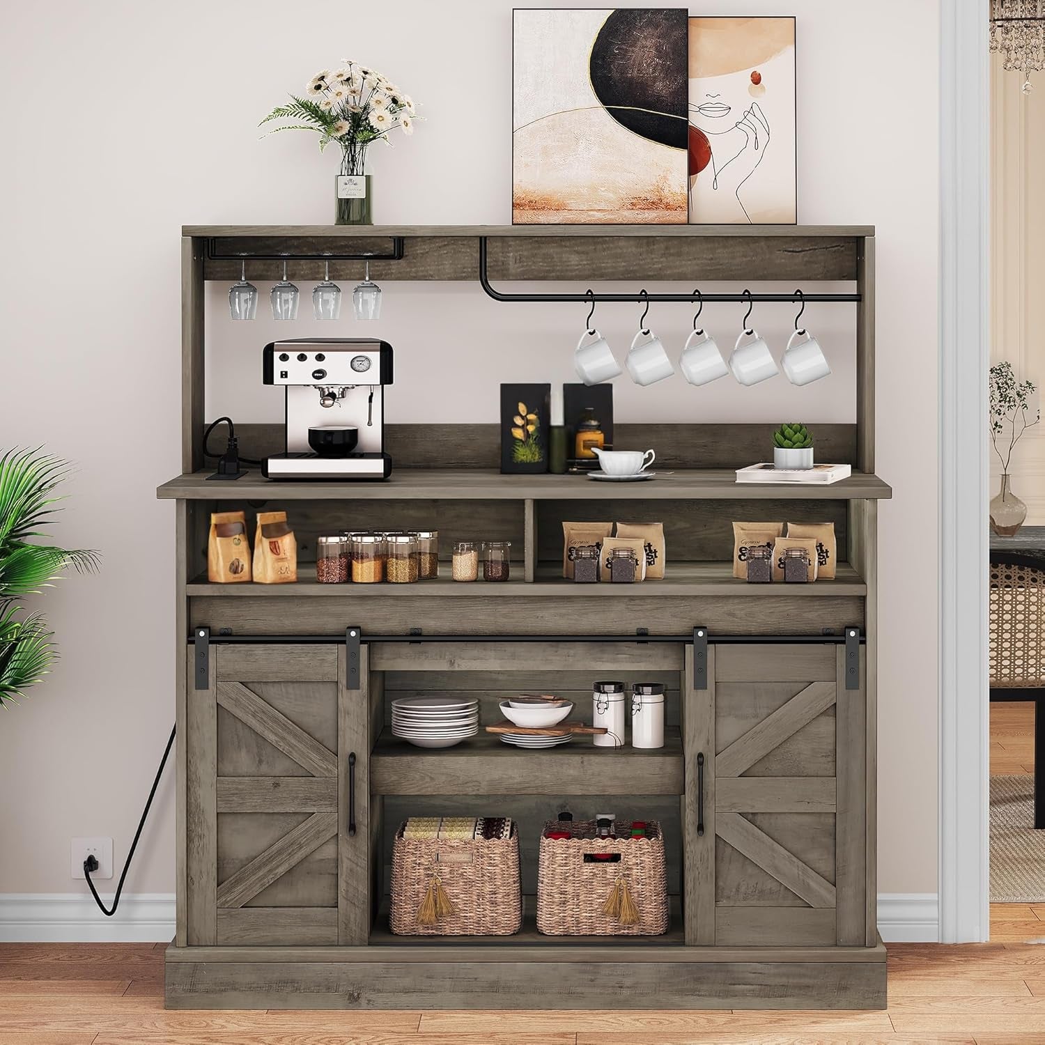 Buffet Cabinets with Storage, 47" Coffee Bar with Goblet Holder & Power Outlet, Farmhouse Sideboard Cabinets with Sliding Barn Doors for Kitchen, Living Room (Rustic Grey Oak)