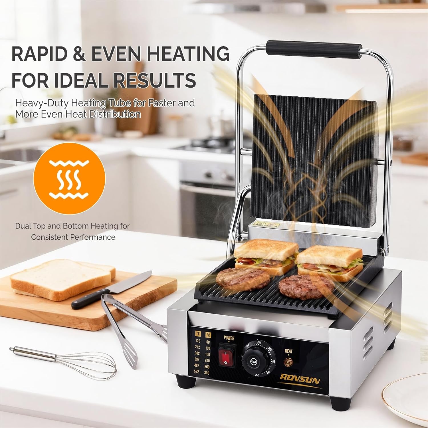 811 Commercial Sandwich Make, 1800W Stainless Steel Countertop Panini Press Grill with Adjustable Temp 122°F–572°F, for Steak, Burgers, Home & Restaurant Use, 110V, Silver