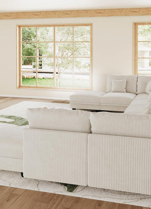 Modular Plush Corduroy U-Shaped Sectional Sofa - 10-Seater with 10 Throw Pillows, Versatile Configuration in Beige