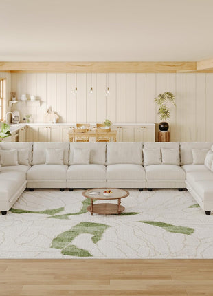 Modular Plush Corduroy U-Shaped Sectional Sofa - 10-Seater with 10 Throw Pillows, Versatile Configuration in Beige