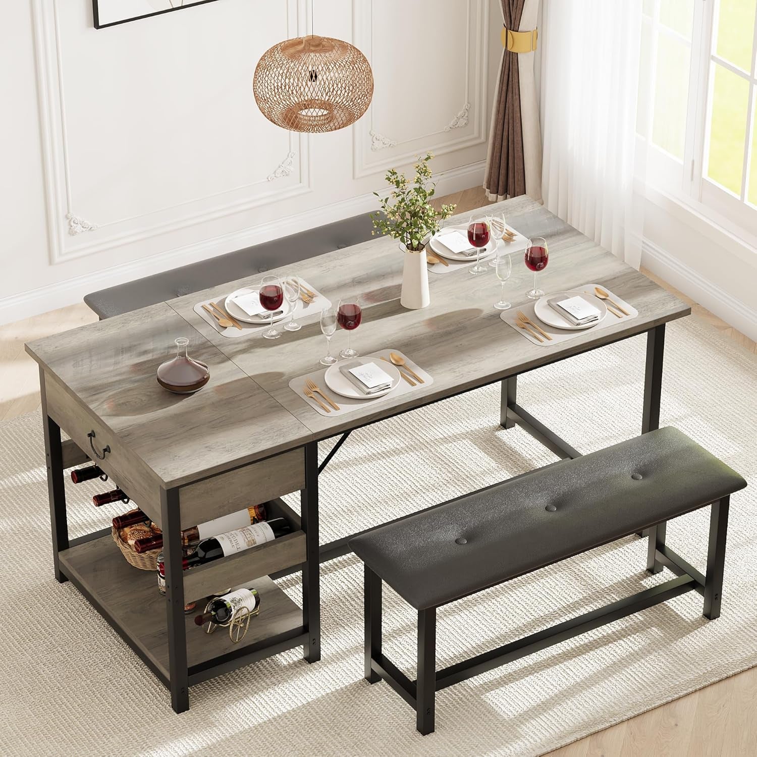 Dining Table Set for 4, Kitchen Dining Table Set with Upholstered Benches, Kitchen Dining Room Table with Storage Drawers & Wine Rack for Small Space-Grey
