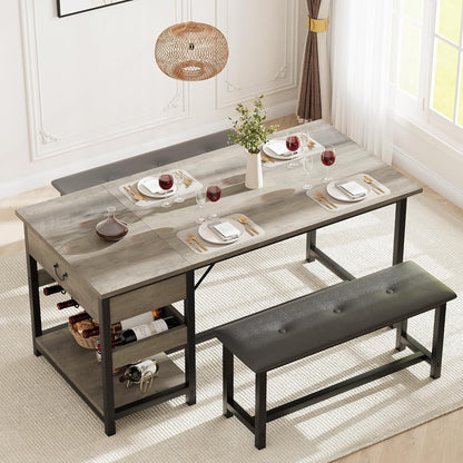 Dining Table Set for 4, Kitchen Dining Table Set with Upholstered Benches, Kitchen Dining Room Table with Storage Drawers & Wine Rack for Small Space-Grey