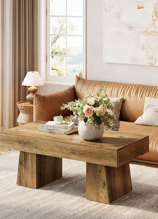 Farmhouse Rectangular Coffee Table - 47-Inch Wooden Accent Table with Sturdy Base for Modern Living Room (Rustic Brown)