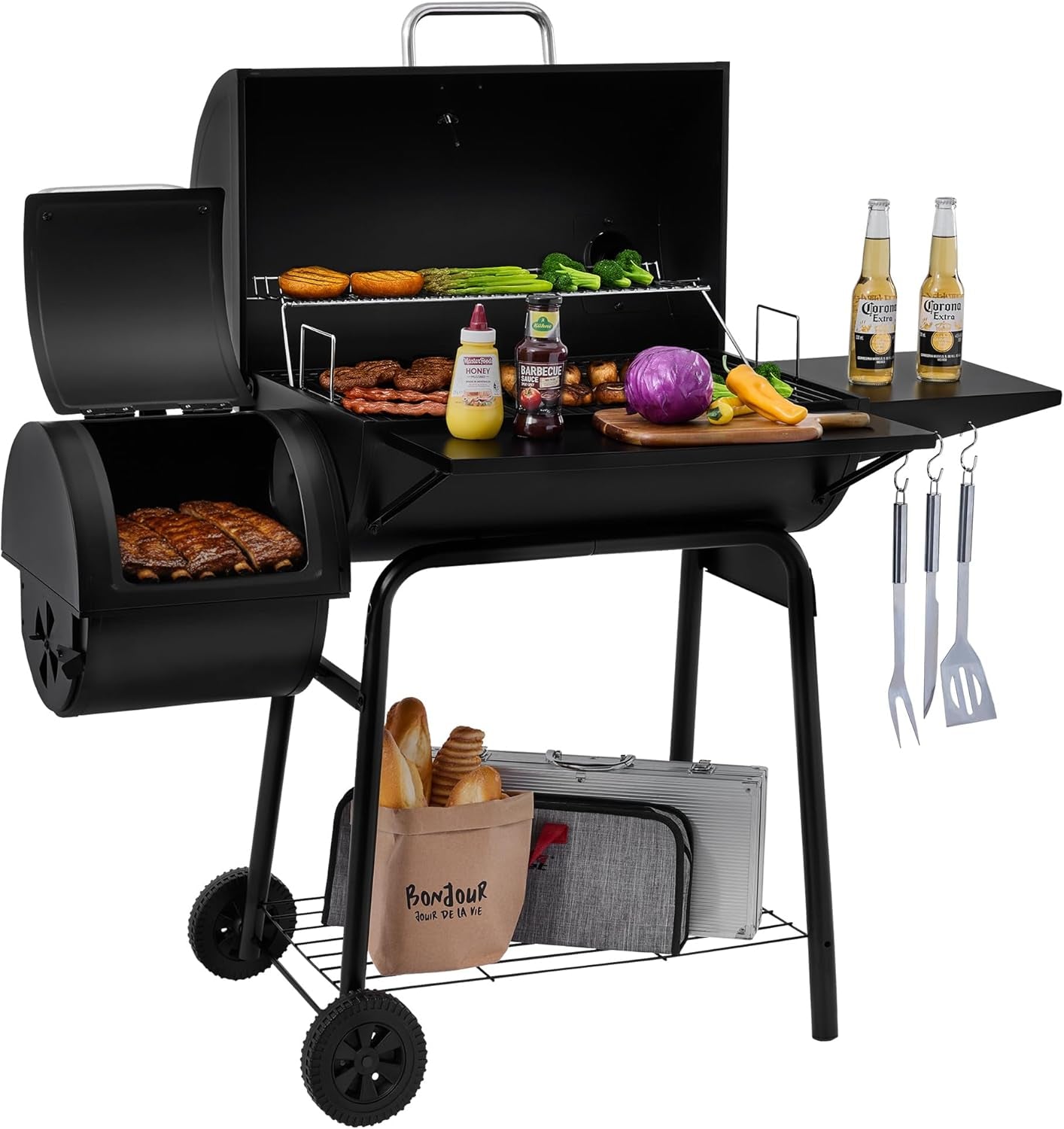 CC1830S BBQ Charcoal Grill and Offset Smoker | 823 Square Inch Cooking Surface, Outdoor for Camping | Black