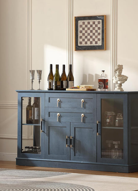58.27" Contemporary Farmhouse Buffet Cabinet with Dual Drawers, LED Illumination, Adjustable Shelving, and Spacious Glass Door, Blue Finish with Gold Accents