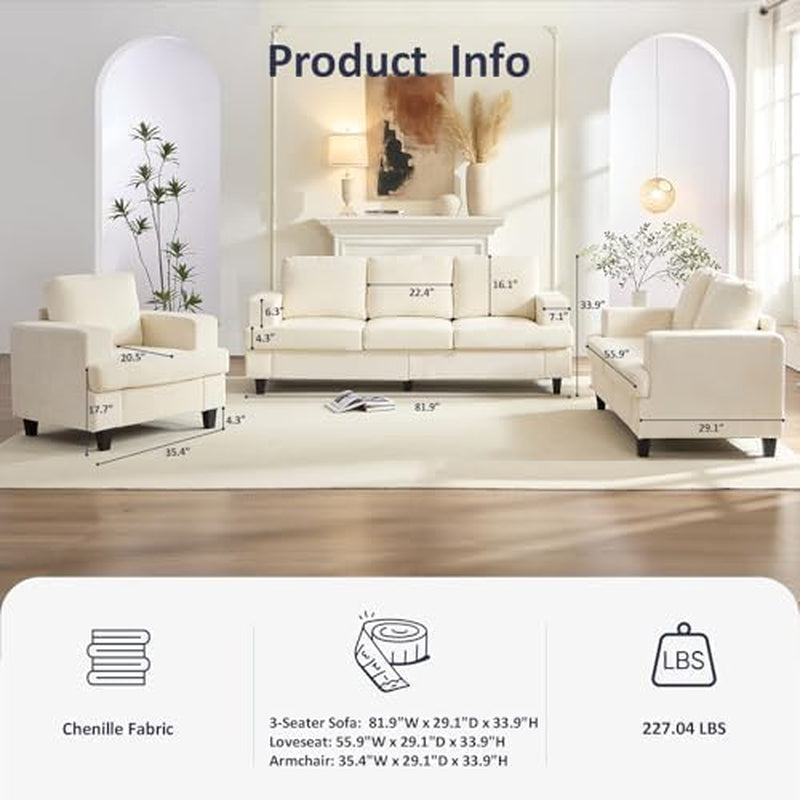 6 Seat Chenille Sectional Sofa Set for Living Room Furniture Set,3 PCS Modern Couch Set,82" Width 3 Seat Couch & Loveseat & Armchair with Solid Wood Legs and Thick Cushion(3+2+1Seat/Beige)