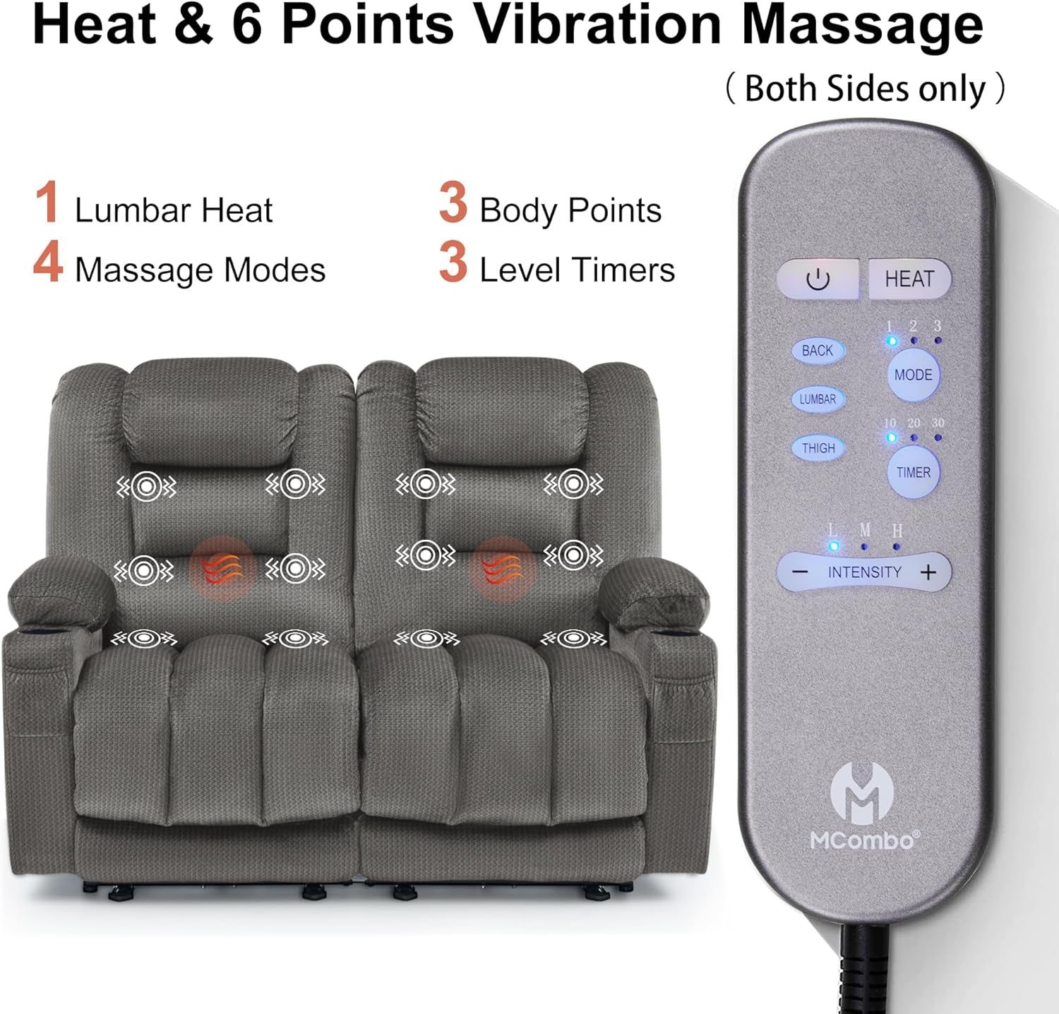 55.9" Zero Gravity Power Loveseat Recliner with Heat and Vibration Massage, Reclining Loveseat Sofa with USB Ports, Cup Holders for Living Room, Fabric PR648SET (Grey)