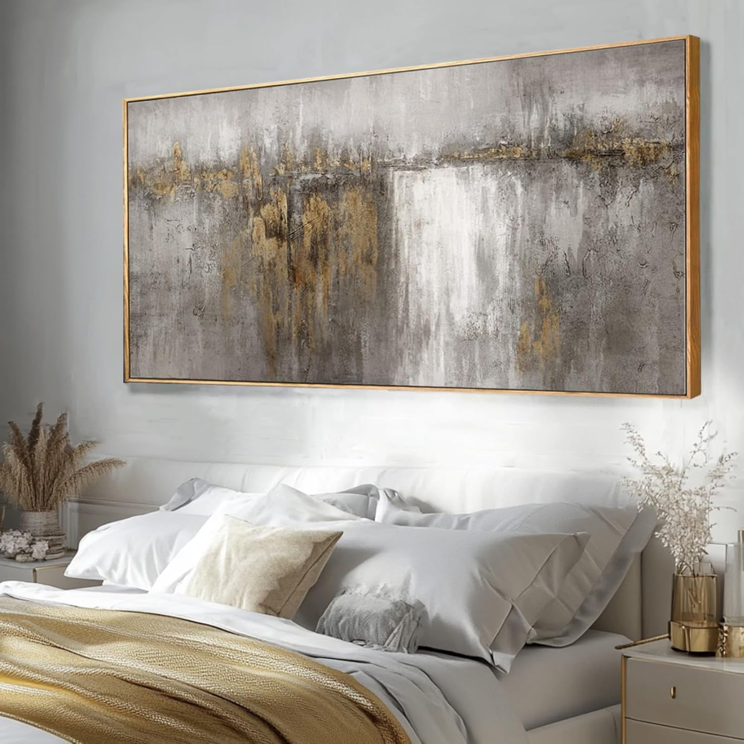 White and Gold Artwork for Walls Abstract Framed Poster Print 24"X48" Canvas Wall Art for Bedroom Neutral Artwork Decor for Office