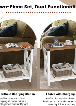 Set of 2 Farmhouse End Tables with Charging Station, Slim Nightstand for Compact Spaces, Storage Shelf, White and Brown Finish