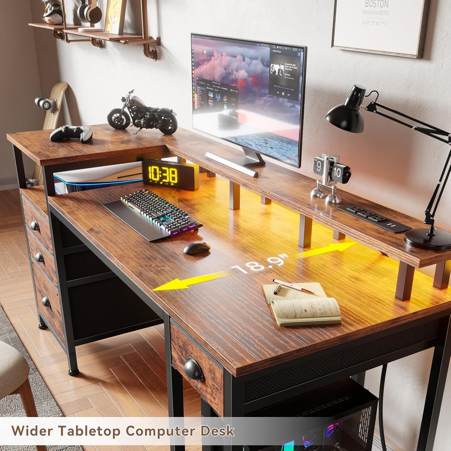 60" Computer Desk with File Cabinet and Storage Shelves, Reversible Home Office Desk with LED Lights, Full Monitor Stand, Power Outlets, Study Gaming Table with 4 Drawers, Rustic Brown