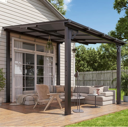 8'X 10' Premium Gazebo with Aluminum Top Frame & Polycarbonate Panel, Wall Mounted Gazebos Pergola, Outdoor Patio Lean to Gazebo, Awnings with Sloped Roof, for Backyard, Porch, Deck