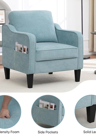 Mid-Century Modern Upholstered Accent Chair with Side Pockets - Comfortable Single Sofa for Living Room, Bedroom, Office, and Compact Spaces in Teal Green