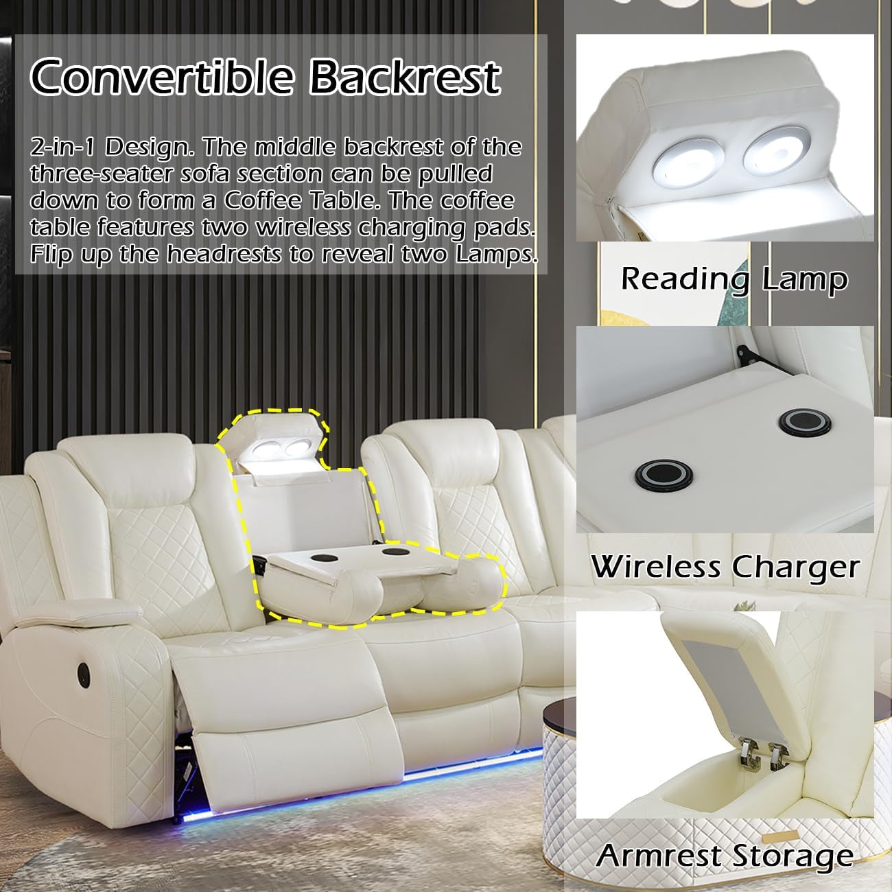 Power Recliner Sectional Sofa Set for Living Room Furniture Sets,Leather Reclining Sofa Set with LED Lights/Hidden Storage,L- Shaped Couch for Living Room/Home Theater(White,Sectional)