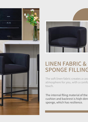 Set of 2 Black Counter Height Barrel Bar Stools with Curved Back and Linen Upholstery for Kitchen Island, Dining Room, Cafe, and Pub