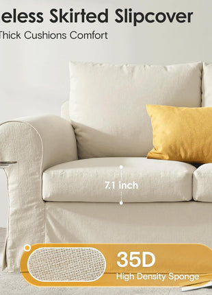 89-Inch Three-Seat Sofa for Living Room, Deep-Seated Comfortable Couch with Removable Linen Slipcover, Modern Farmhouse Style with Rolled Arms and High Back Support, Cream White