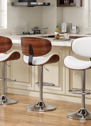 Set of 2 Adjustable Height Swivel Bar Stools with Bentwood Design, PU Leather Upholstery, Backrest, and Footrest for Bar, Kitchen, and Dining Room in White