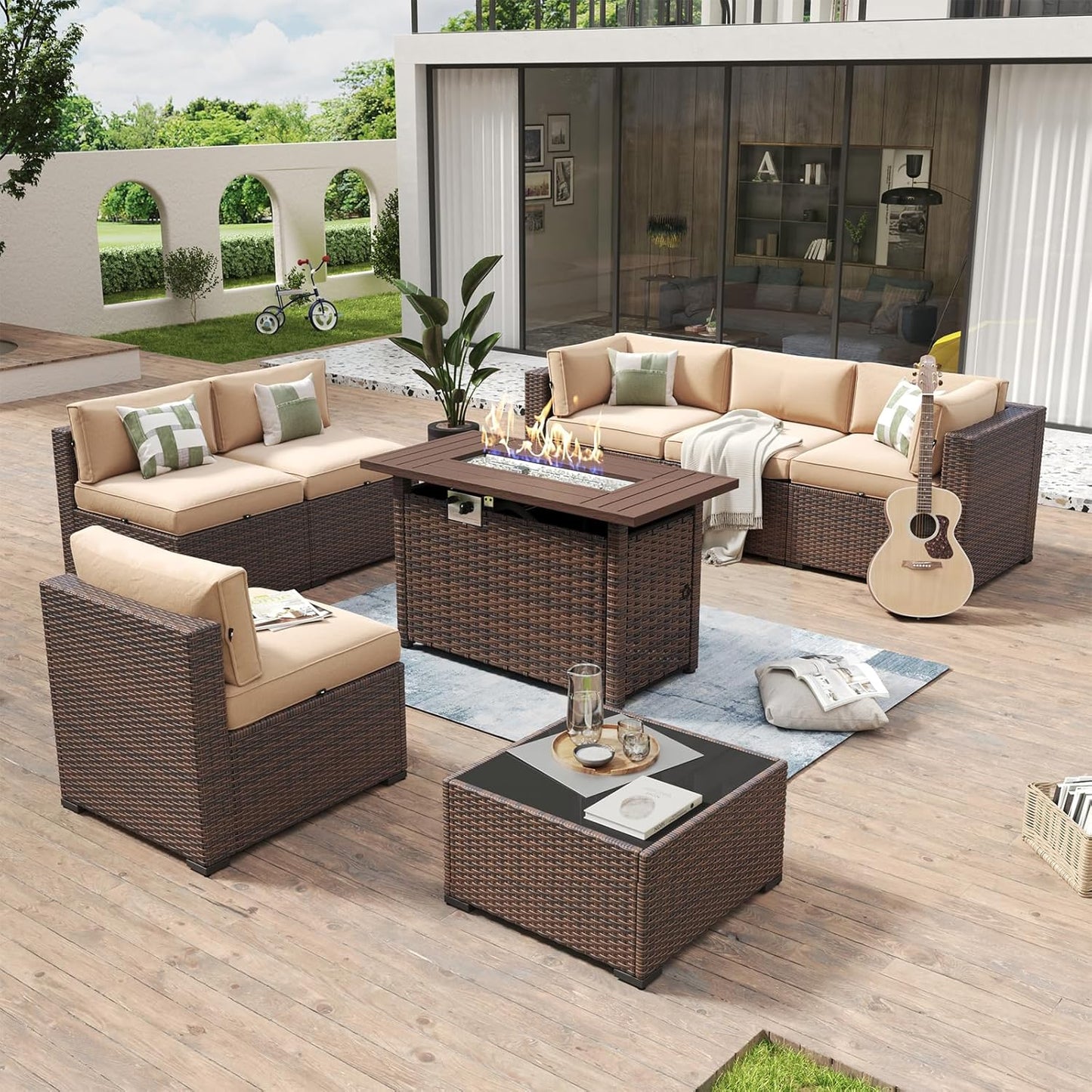 8 Piece Patio Furniture Set with 44” Fire Pit Table Wicker Rattan Outdoor Sectional Sofa Set with Coffee Table and Thickened Cushions, Beige (Waterproof Cover Included)