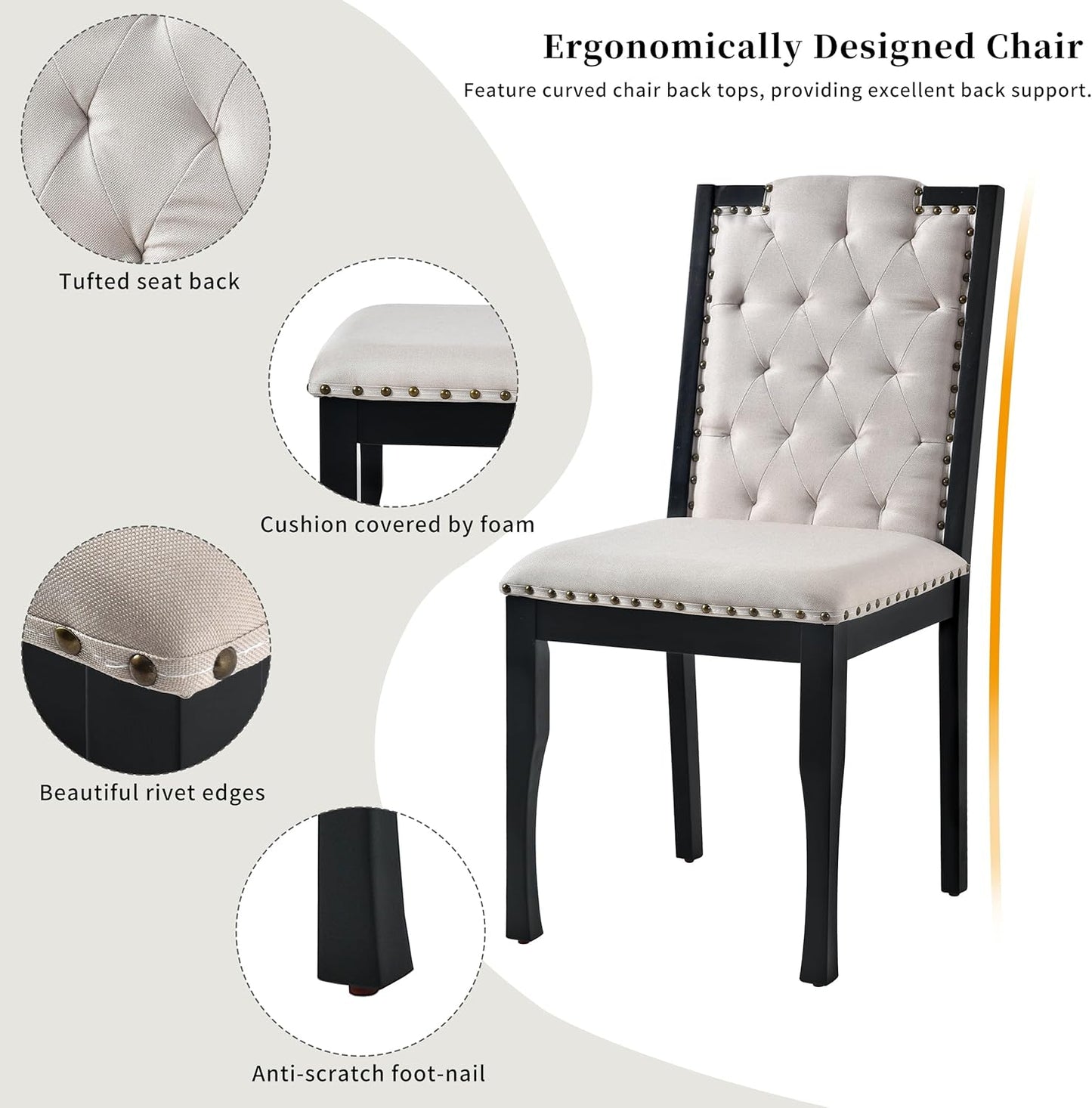 6-Piece Kitchen Dining Table Set, 60" Rectangular Table with 4 High-Back Tufted Upholstered Chairs & 1 Bench, Rubberwood Legs Modern Elegant Farmhouse for Kitchen Room, Black