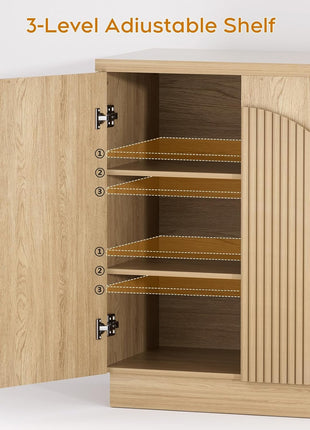 55-Inch Contemporary Mid-Century Fluted Sideboard Buffet Cabinet with Arched Reeded Doors and Adjustable Shelves in Natural Oak Finish for Living and Dining Spaces