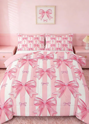 Pink Bowknot Comforter Set - Full Size Dreamy Princess Bedding for Girls' Bedrooms, Kawaii Geometric Bow-Tie Design, All-Season Comforter Set