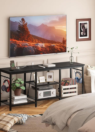 TV Stand for Up to 55-Inch TVs, Entertainment Center with Power Outlet and Open Storage Shelves, Black Console Table for Living Room and Bedroom