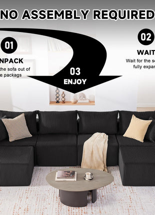 135.4" Modular Cloud Couch Sectional Sofa, Deep Seat U-Shaped Boneless Design, Plush Corduroy Convertible Couch for Living Room, Seats 6, Black