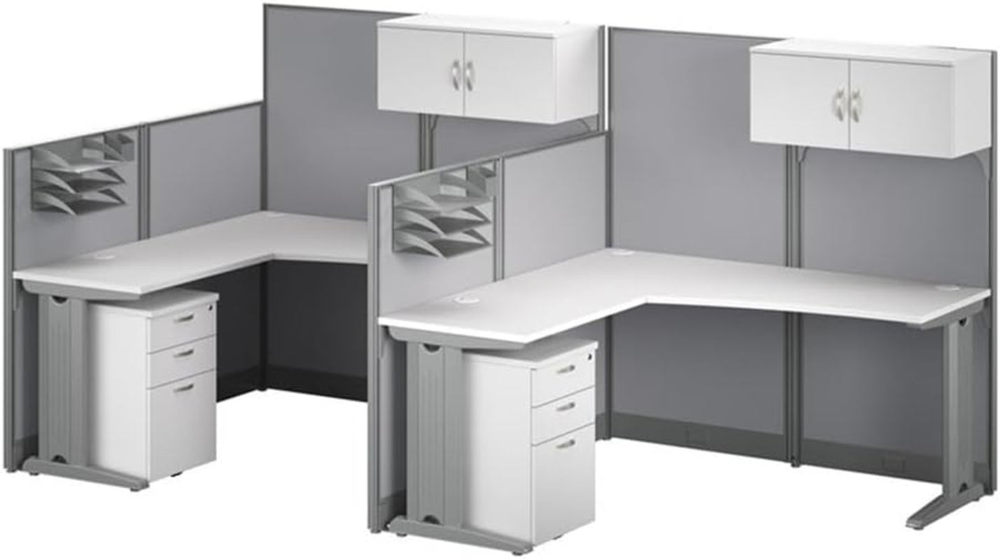 Bush Business Furniture Office in an Hour 2 Person L Shaped Cubicle Desks with Storage, Drawers, and Organizers in Pure White | Double Workstation Set with Privacy Panels for Commercial Workspace