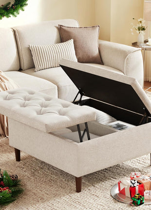 35-Inch Extra Large Upholstered Storage Ottoman Coffee Table, No Assembly Required, Oversized Square Design in Beige Fabric for Living Room