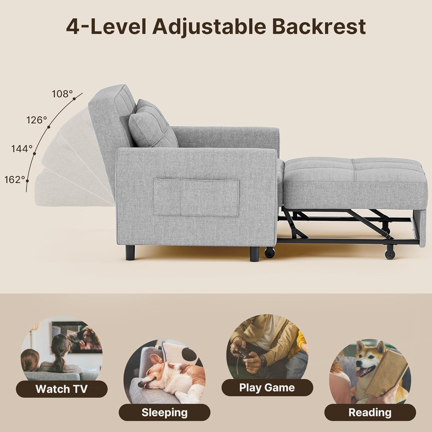 Sofa Bed Chair 3 in 1 Convertible, Pullout Single Sleeper Chair Bed with Adjustable Backrest, Spacious Multifunctional Sofa Couches for Living Room, Bedroom, Apartment