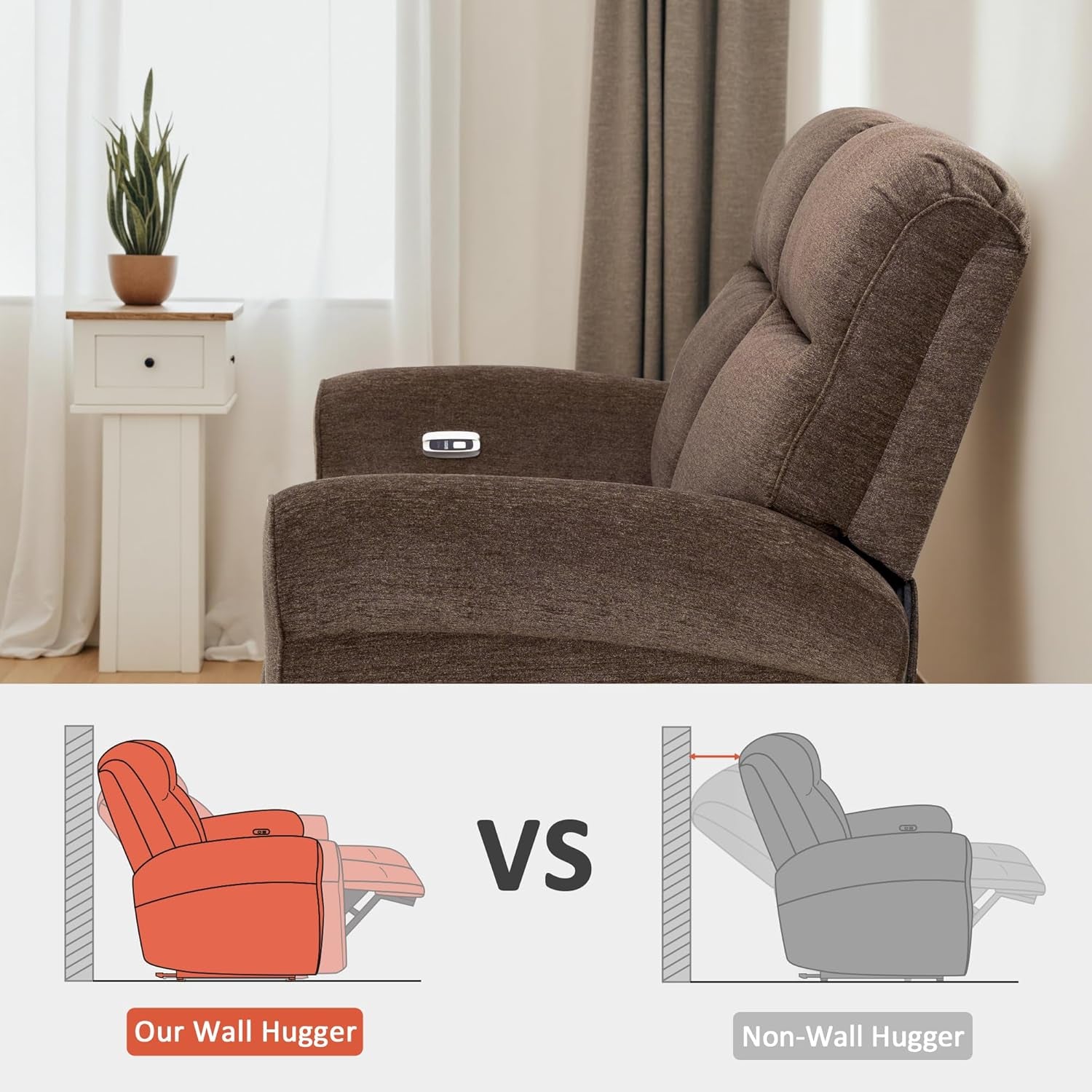 64.6" Wall Hugger Power Loveseat Recliner Sofa with USB Ports, Reclining Loveseat for Small Spaces Living Room RV, Fabric PR635M1 (Dark Brown)